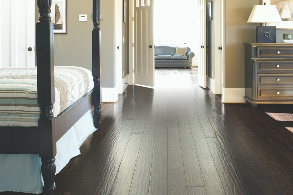 Rustic River hardwood flooring in bedroom.